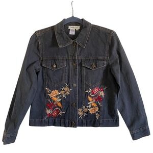 Coldwater Creek Embroidered Floral Denim Jacket Grey Cotton Trucker PS Cottage